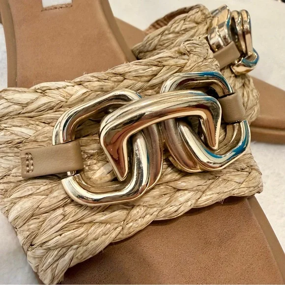 Steve Madden Gene Raffia Gold Chain Embellished Slide Sandals - Picture 3 of 7